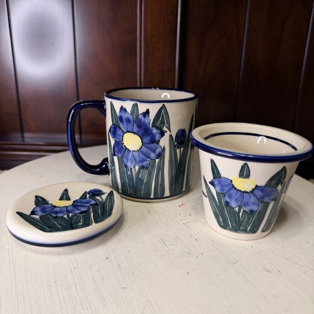 UNIKAT Signed Polish Pottery Tea Brewing Mug w/ Infuser Handmade Bolesławiec